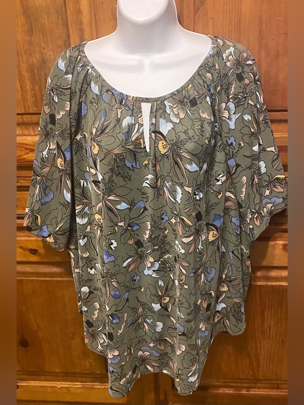 Lane Bryant Size 22/24 Sage Green Floral Mesh Overlay Blouse Top
